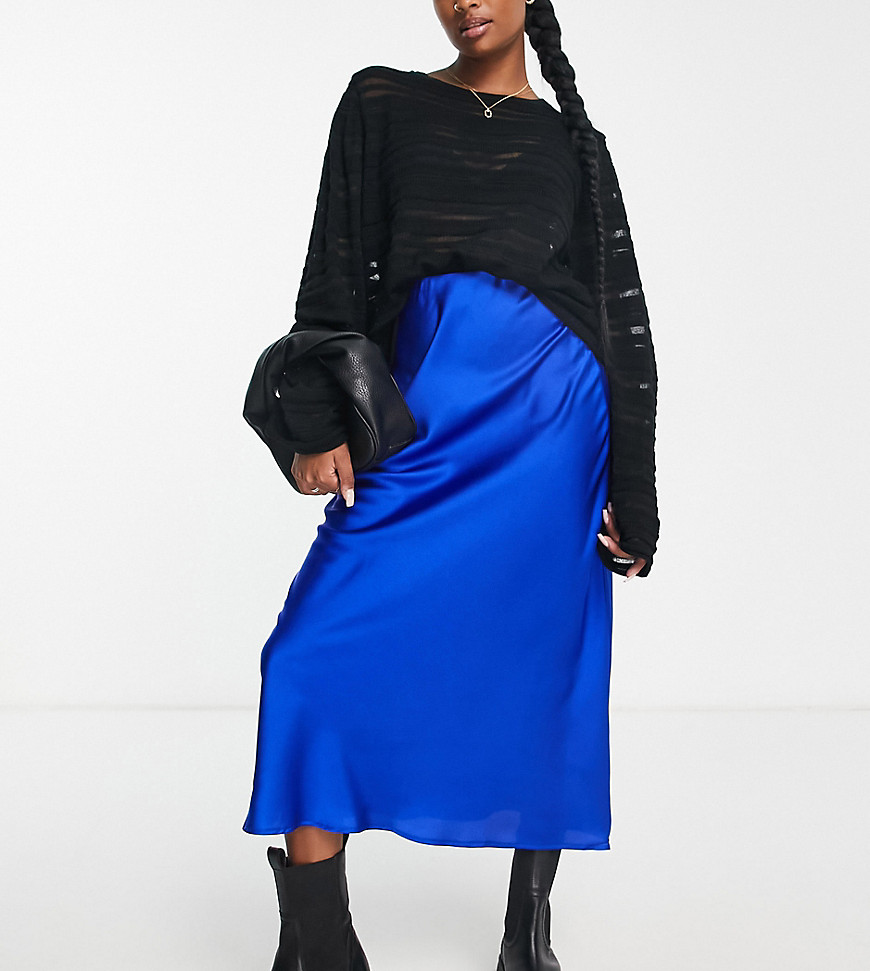 New Look Petite satin midi skirt in bright blue