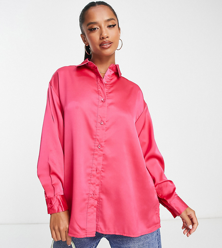 New Look Petite Satin Shirt In Bright Pink