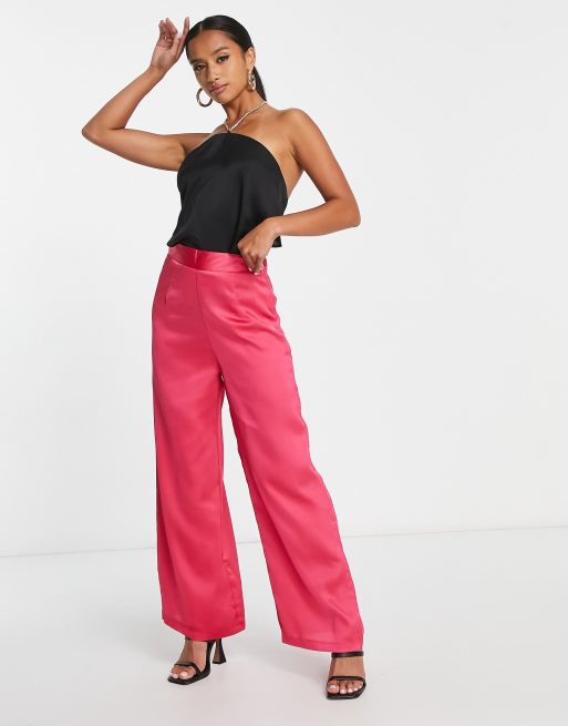 New Look Petite satin wide leg trouser in pink