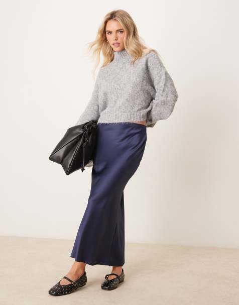 New Look Petite satin midi bias skirt in navy