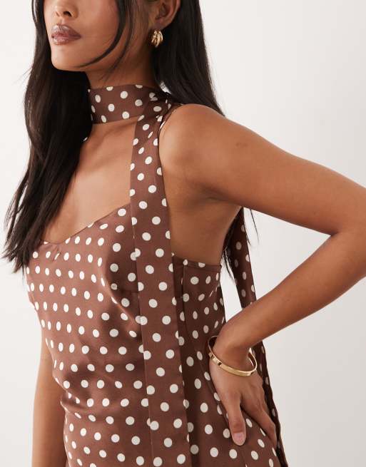 New Look Petite scarf polka dot satin cami midi dress in brown | ASOS