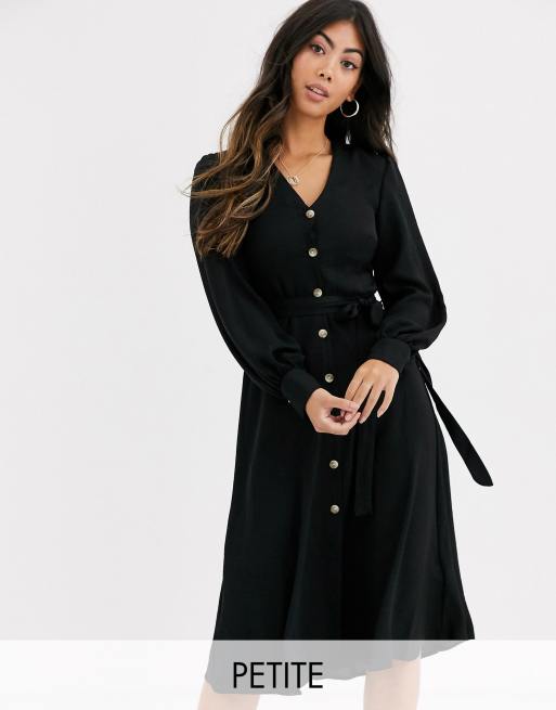 New Look Petite Schwarzes Kleid Mit Bindegurtel Und Knopfleiste Asos