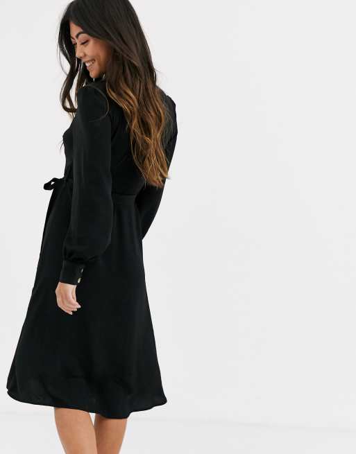 New Look Petite Schwarzes Kleid Mit Bindegurtel Und Knopfleiste Asos