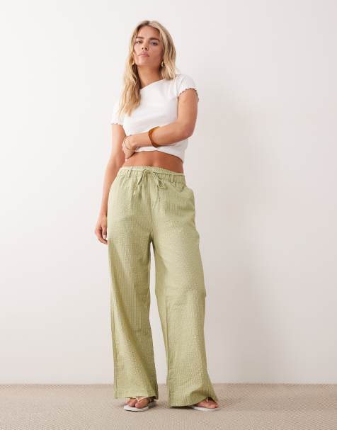 New Look Petite seersucker stripe wide leg trousers in green - view 1