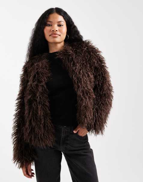 New Look Petite shaggy faux fur jacket in brown - view 1