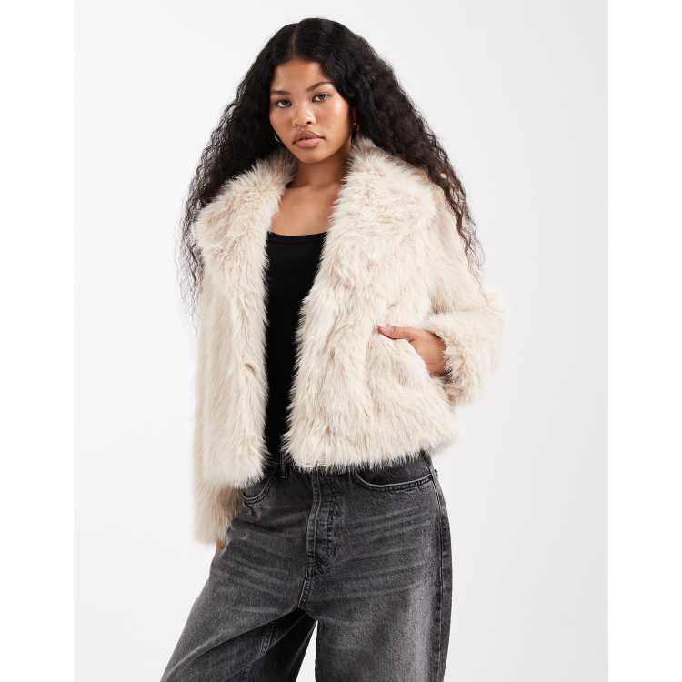 New Look Petite shaggy faux fur jacket in cream | ASOS