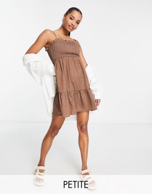 New Look Petite Shirred Bust Strappy Sun Dress In Brown Polka Dot