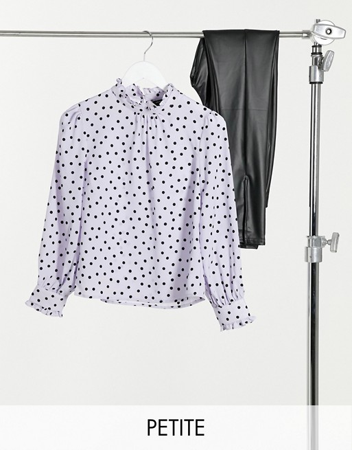 New Look Petite shirred high neck blouse in baby blue polka dot
