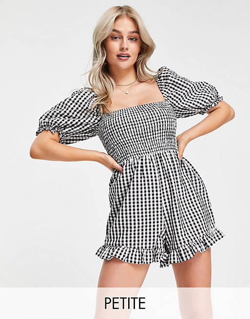 Jumpsuits & Playsuits New Look Petite shirred playsuit in black gingham 