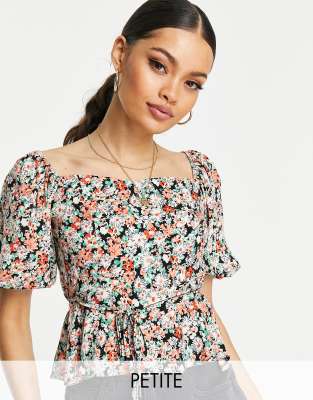 New Look Petite shirred square neck blouse in multi floral
