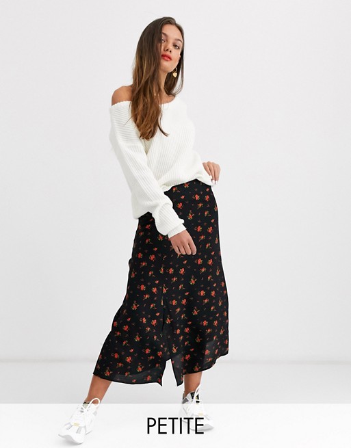 New Look Petite side split midi skirt in rose print