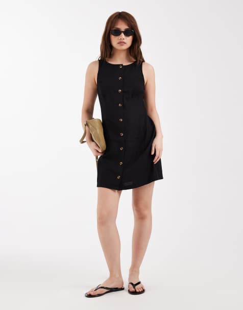New Look Petite - Sort minikjole i hørblandingsmateruale med knapper - view 1