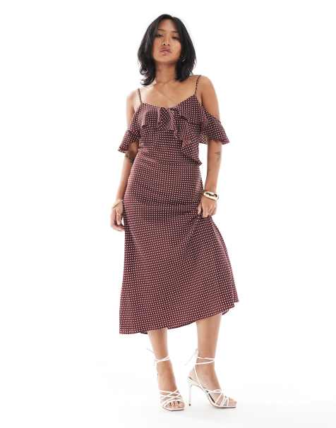New Look Petite spot ruffle midi dress in brown - view 1