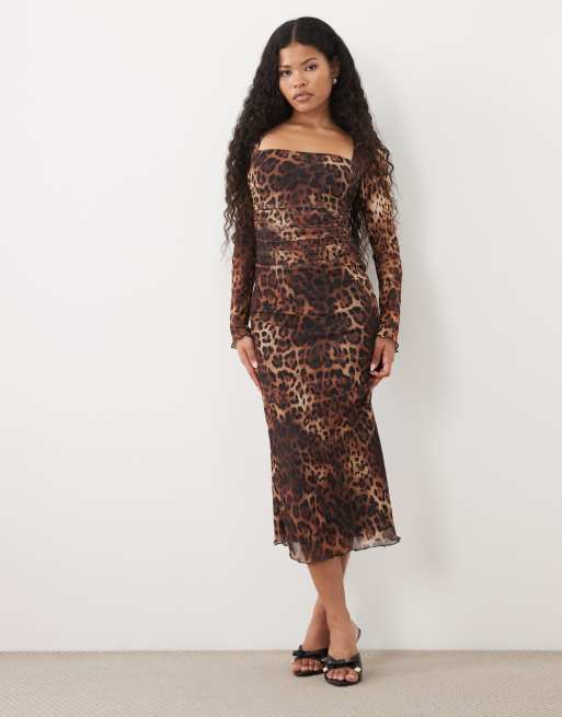 New Look Petite square neck mesh midi dress in brown leopard, 2 of 4