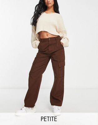 New Look Petite straight leg cargo trouser in brown