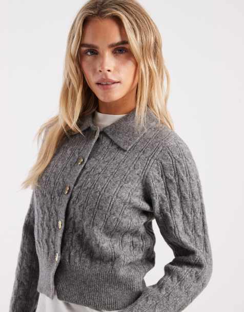 New Look Petite – Strickjacke in Graubeige mit Kragen und Zopfmuster - view 1