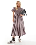 [New Look Petite] New Look Petite stripe shirred midi dress in pink pattern 6 79-Pink Pattern