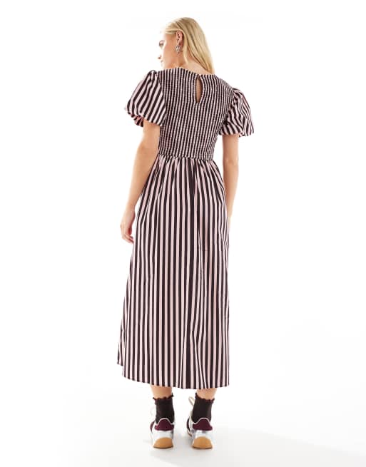 New Look Petite stripe shirred midi dress in pink pattern