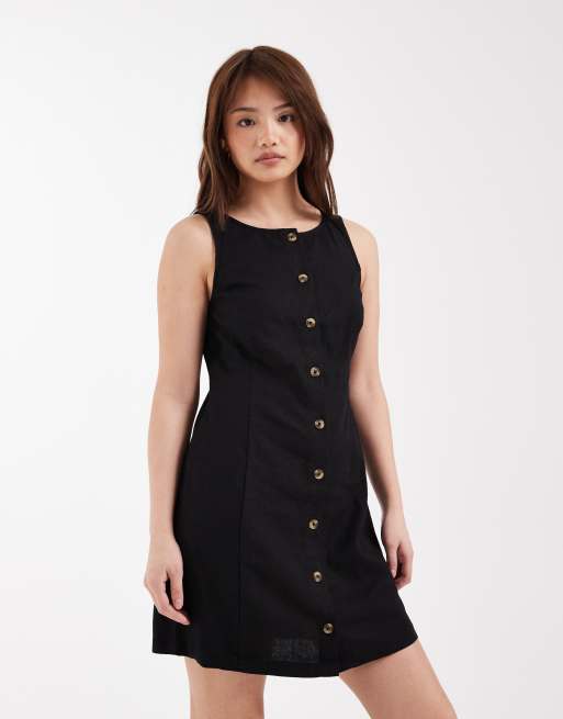 New Look Petite – Svart miniklänning i linne med knäppning, 2 av 4