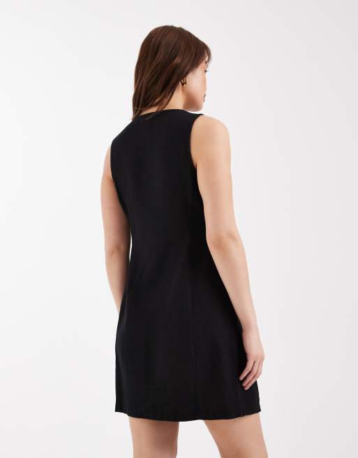 New Look Petite – Svart miniklänning i linne med knäppning, 3 av 4
