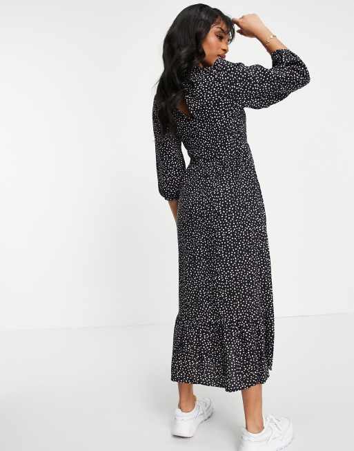 New Look Petite – Svart mönstrad midiklänning med lång ärm och smock, 2 av 4