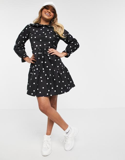 New Look Petite – Svart, mönstrad poplinklänning med volangkrage, 4 av 4