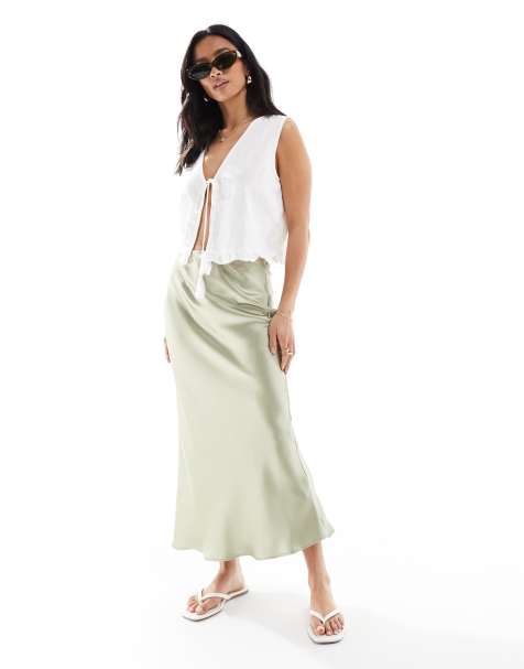 New Look Petite satin bias midi skirt in sage green
