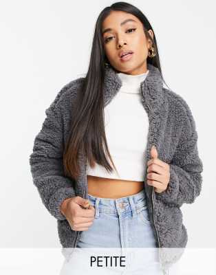 New Look Petite teddy borg funnel neck jacket in grey