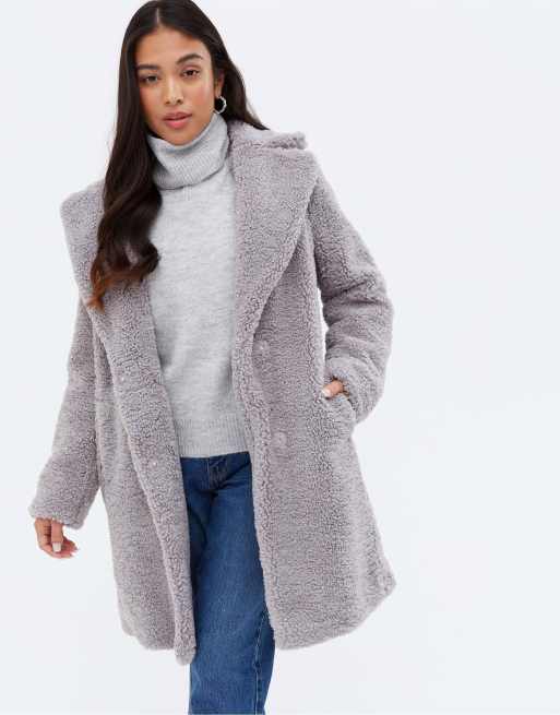 New Look Petite teddy borg midi coat in light grey