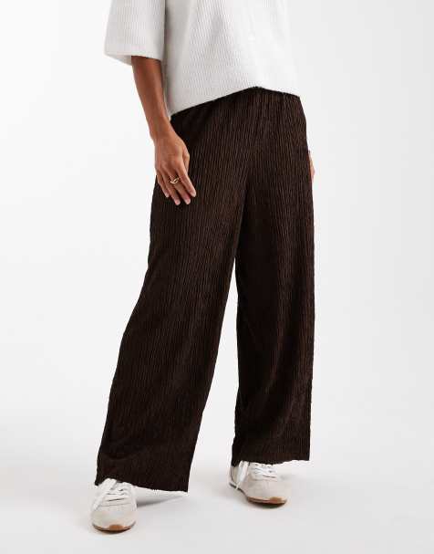 New Look Petite textured wide leg pants in dark brown - view 1
