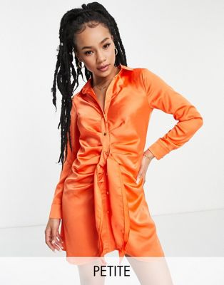New Look Petite tie front satin dress in orange