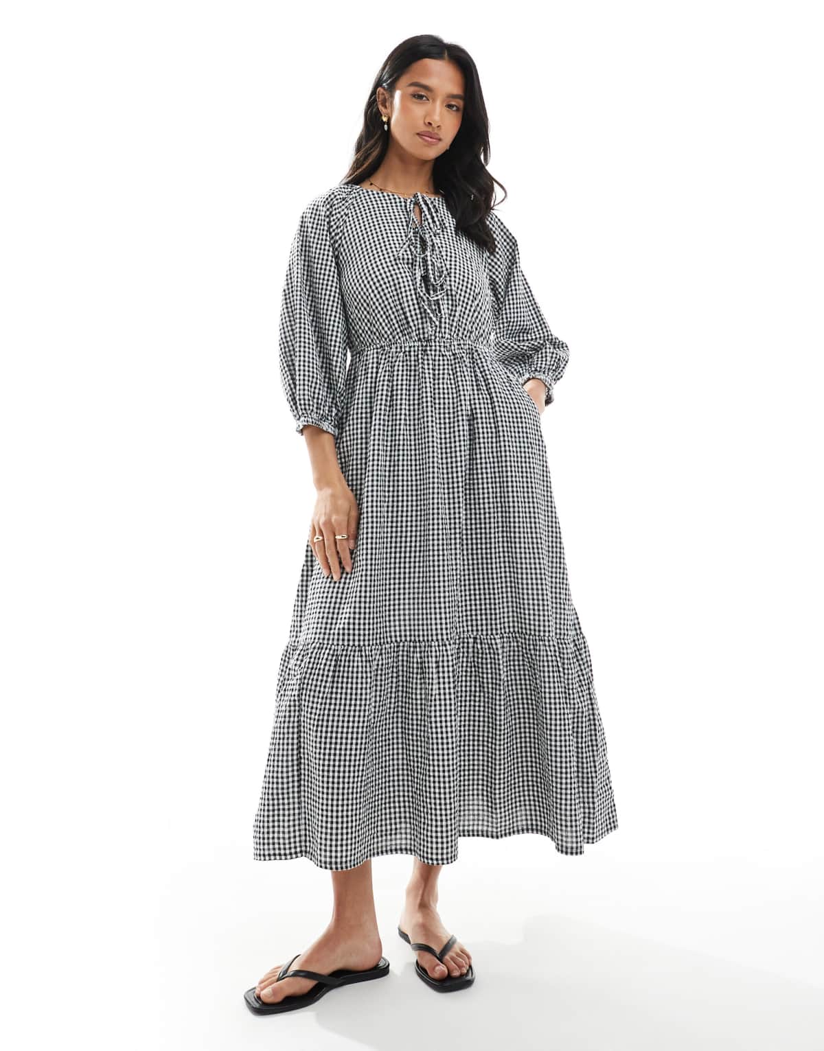 New Look Petite tie front smock midi dress in black gingham