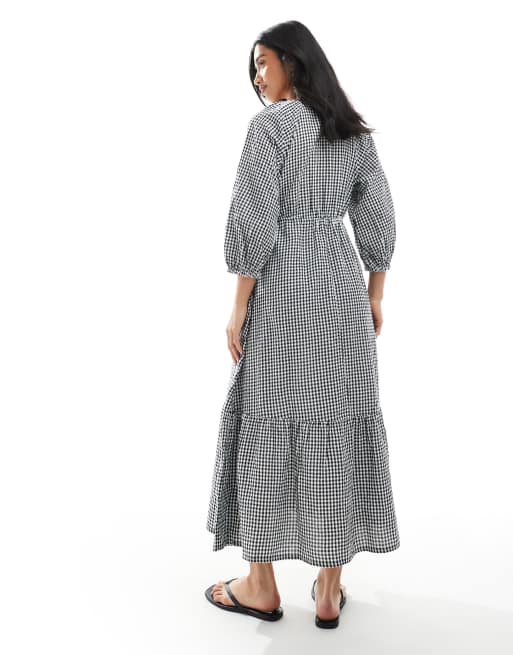 New Look Petite tie front smock midi dress in black gingham, 4 of 4