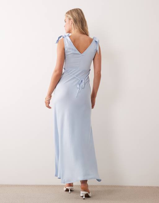New Look Petite tie shoulder satin midi dress in light blue, 4 of 4