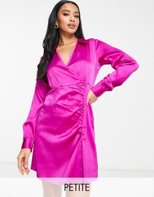 New Look Petite Tie Side Collared Shirt Dress In Bright Pink