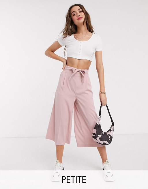New Look Petite tie waist cropped trousers in light pink