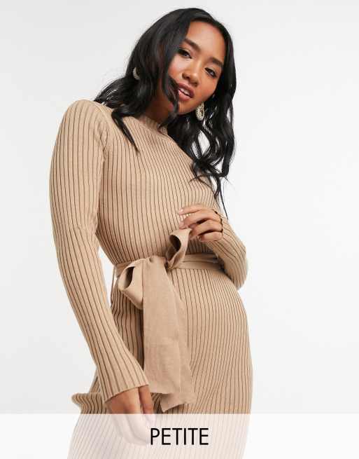 New Look Petite tie waist rib midi dress in camel | ASOS
