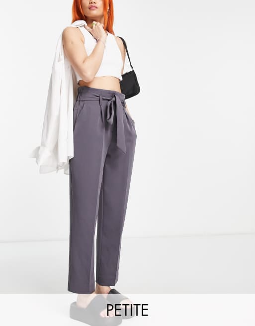 New Look Petite tie waist tapered trousers in dark grey