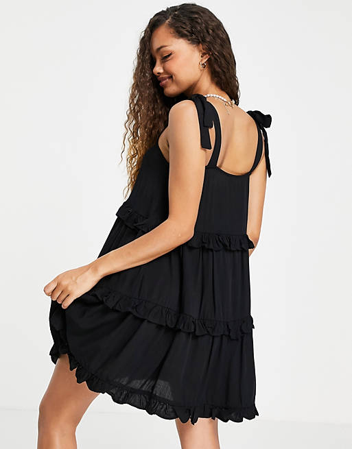 New Look Petite tiered frill mini dress in black