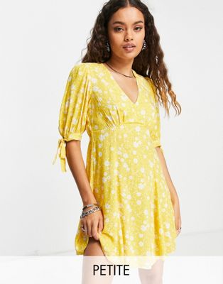 New Look Petite v neck tie sleeve mini dress in yellow floral