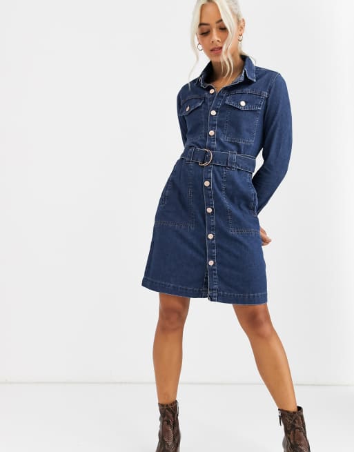 New Look Petite Vestito camicia di jeans con cintura blu ASOS