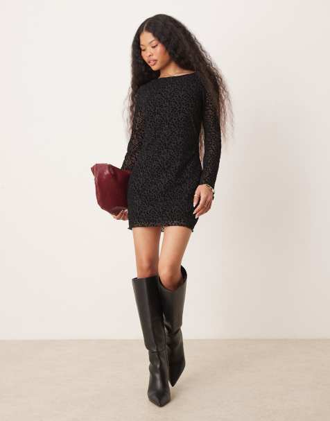 New Look Petite - Vestito corto a maniche lunghe nero in rete con floccatura leopardata - view 1