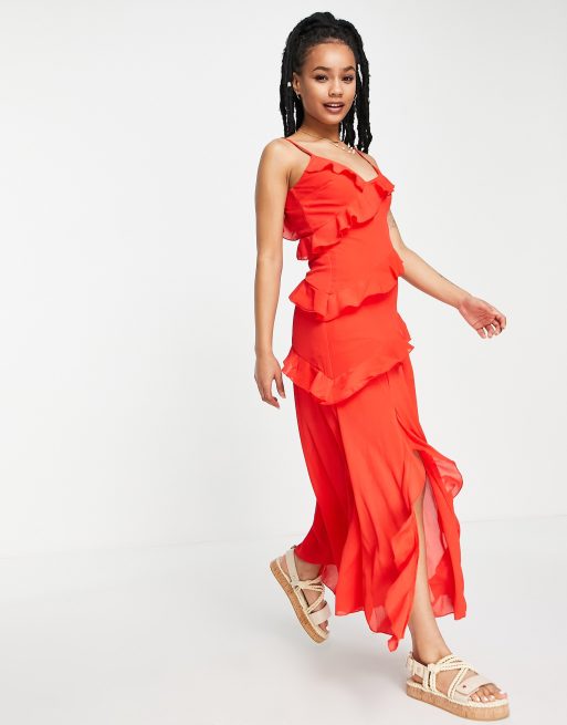 New Look Petite - Vestito midi con spalline con volant rosso, 4 di 4