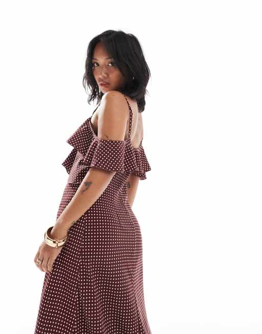 New Look Petite - Vestito midi marrone a pois con volant, 2 di 4