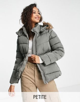 New Look Petite waisted puffer coat with faux fur hood in light khaki