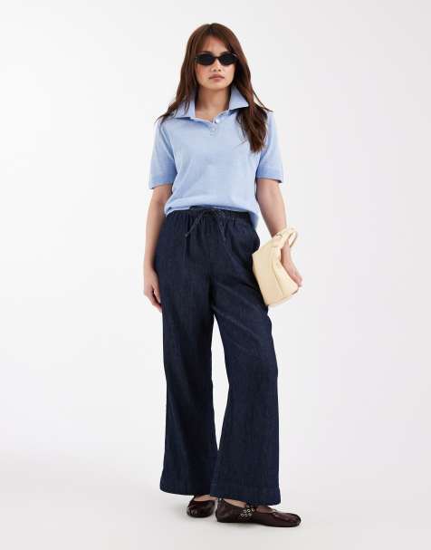 New Look Petite wide leg chambray denim pants in navy - view 1