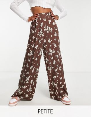 New Look Petite wide leg trouser in brown floral