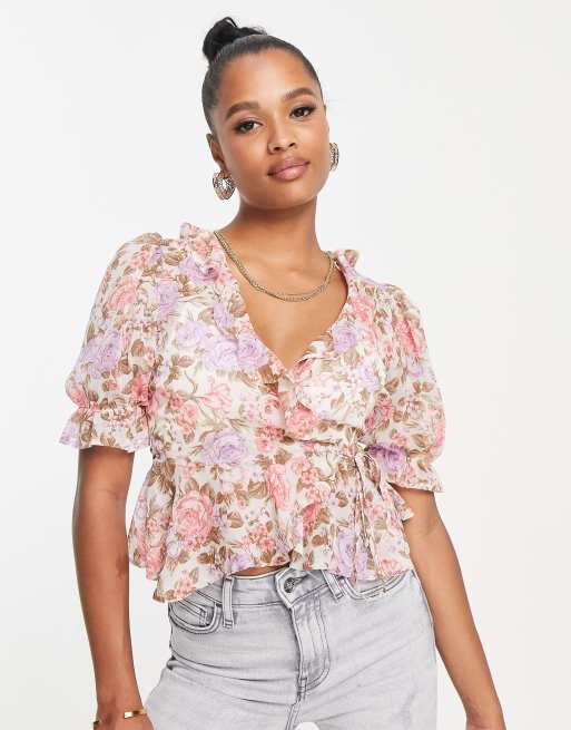 ASOS DESIGN corset top with ruffle shoulder in pink occasion floral print