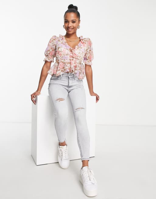 New Look Petite wrap blouse with frill detail in pink floral