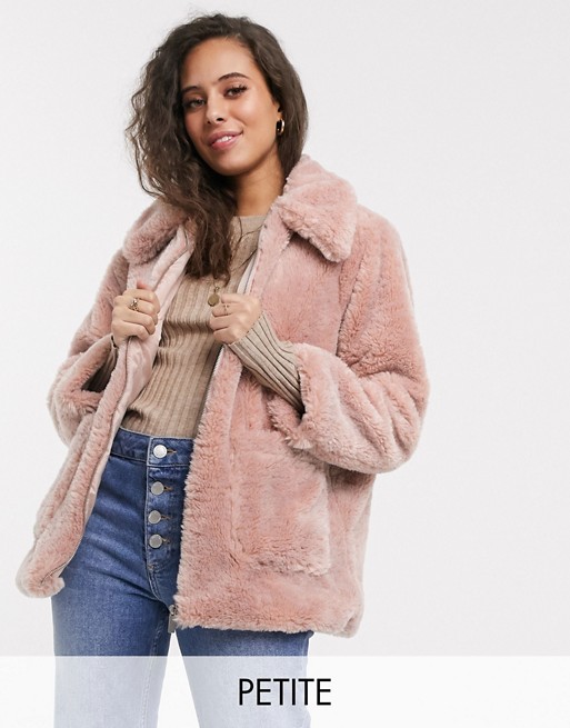 New Look Petite zip through borg shearling jacket in pink
